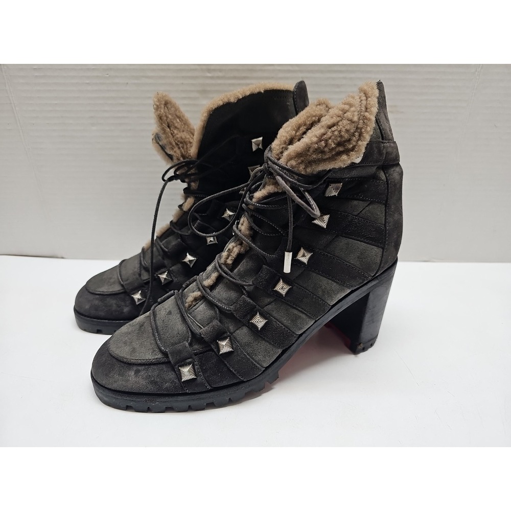 Christian Louboutin Black Gray Suede Studded‎ Shearling Ankle Combat Boot EU 39